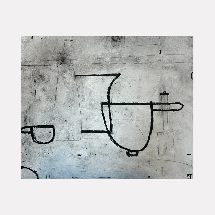Still Life No. 22 by Janice La Motta is a Curina art piece presenting minimalist black outlines of vessels and kitchenware on a textured gray surface, offering a quiet and reflective abstraction of everyday objects and their spatial presence.