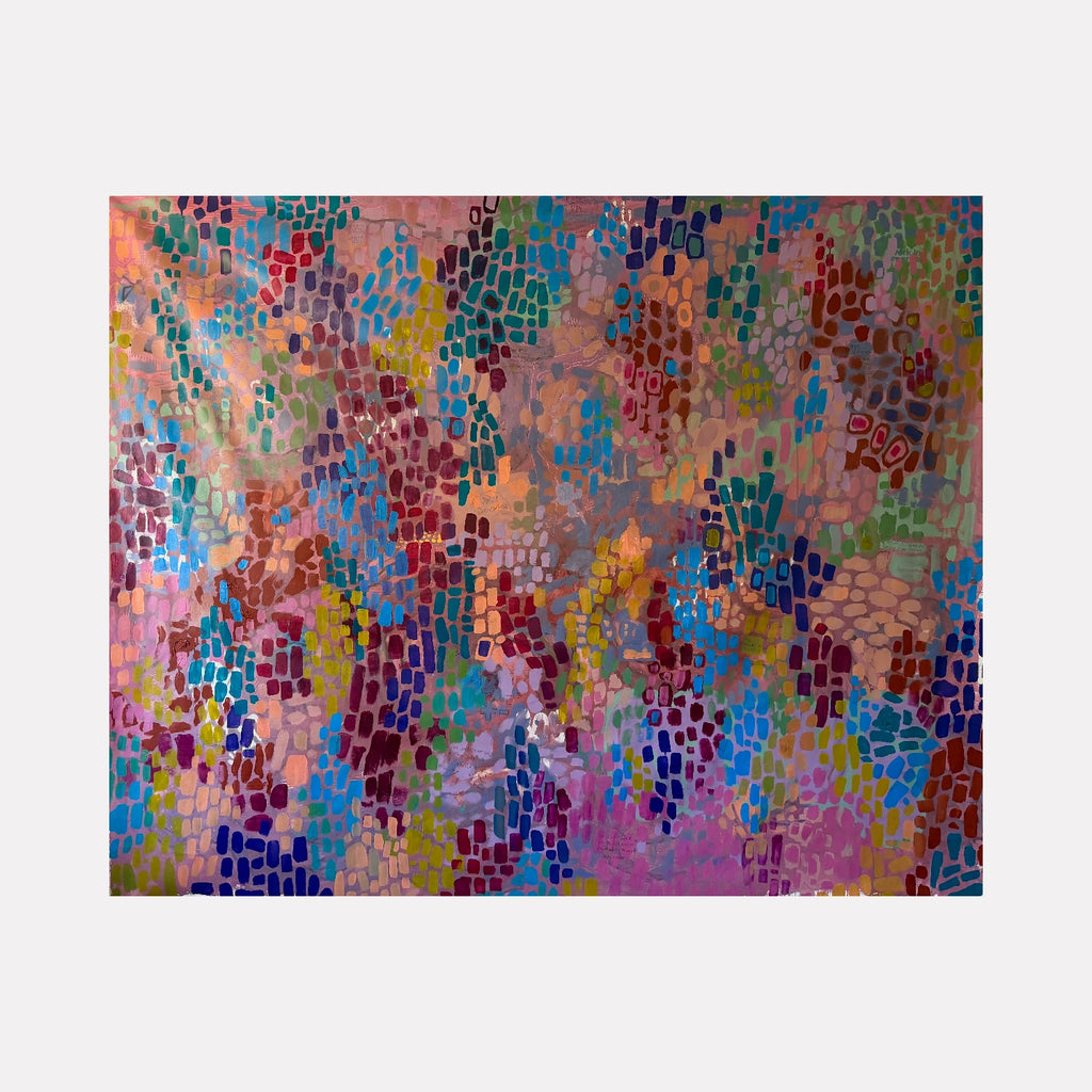 Corn Consumption by Tiff Urquhart is a Curina art piece featuring a vibrant mosaic of small, colorful brushstrokes in shades of pink, red, blue, green, and purple, creating an intricate, dynamic pattern that evokes movement and layered texture in an abstract composition.