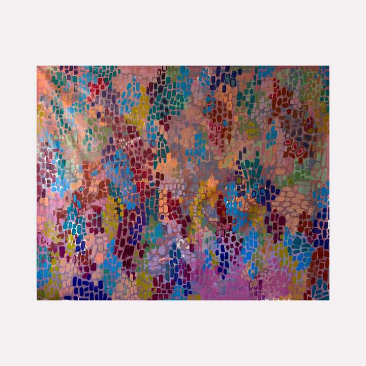 Corn Consumption by Tiff Urquhart is a Curina art piece featuring a vibrant mosaic of small, colorful brushstrokes in shades of pink, red, blue, green, and purple, creating an intricate, dynamic pattern that evokes movement and layered texture in an abstract composition.