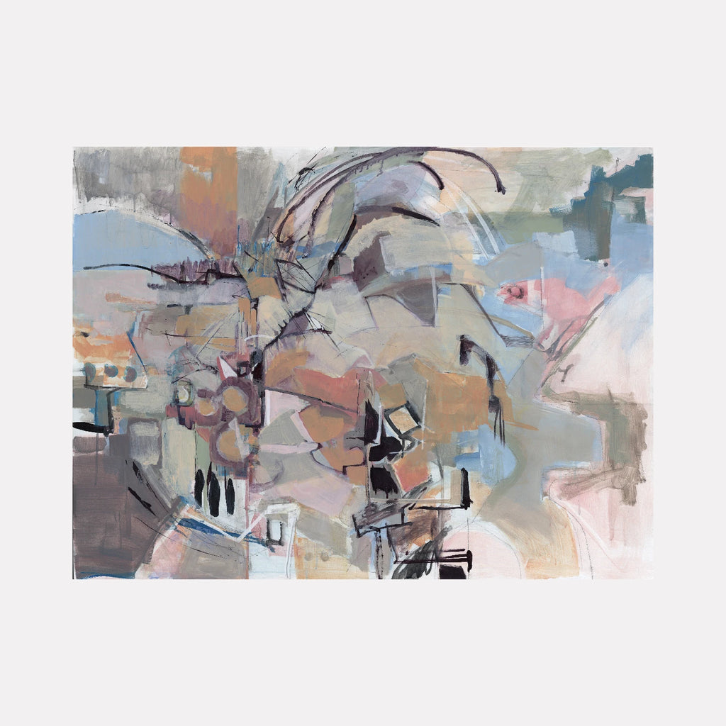 Demolition by Veronica Lawlor is a Curina art piece featuring layered abstract shapes in muted earth tones and soft blues, with dynamic black lines weaving through textured forms, evoking a sense of movement and complex urban decay in a thoughtful composition.