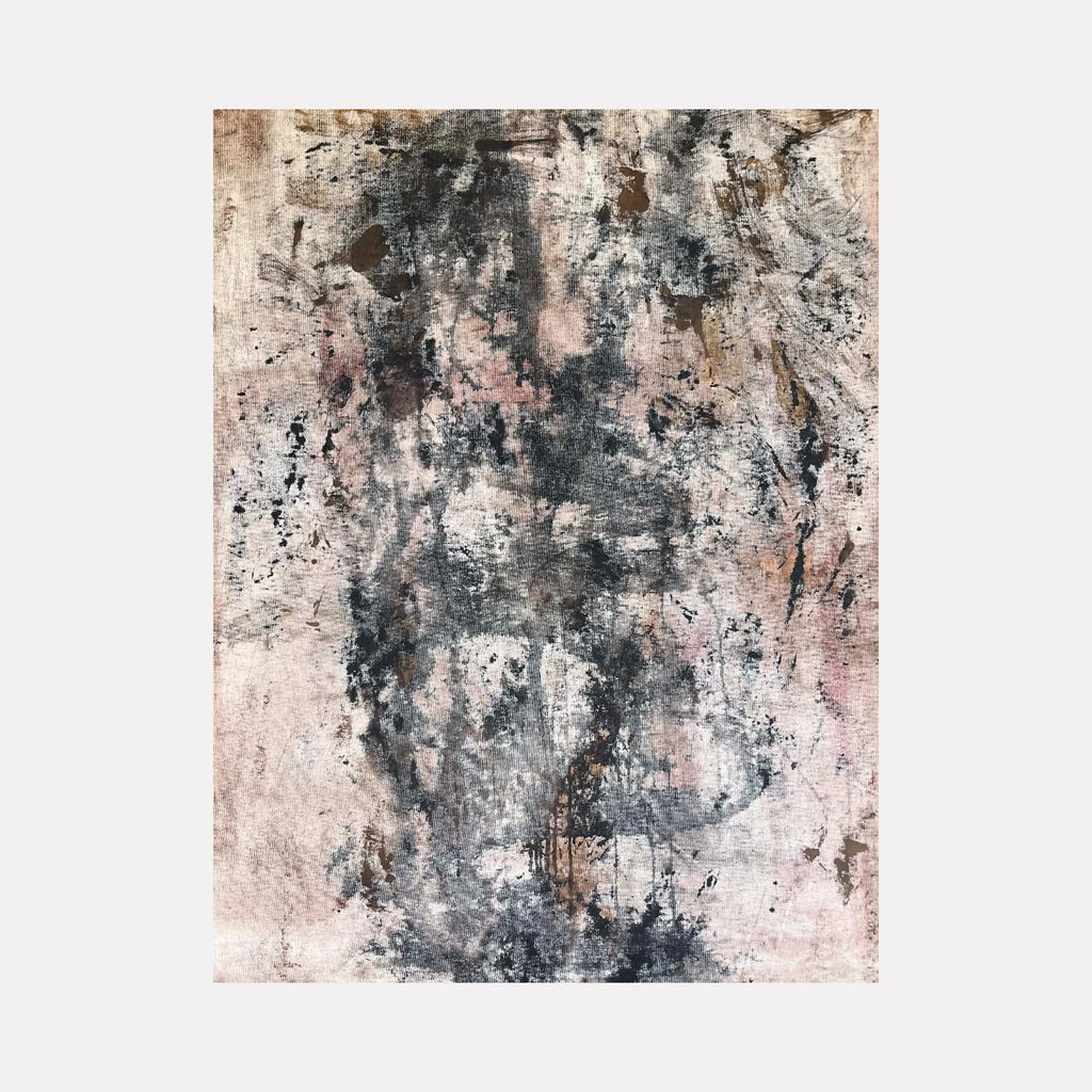 Diffusion by Dionysia Adamopoulou is a Curina art piece featuring an abstract blend of muted pinks, grays, and browns with textured brushstrokes and layered washes that evoke a weathered, atmospheric landscape infused with subtle depth and organic forms.