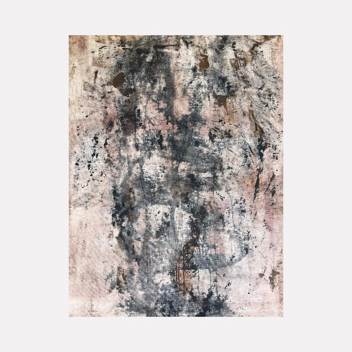 Diffusion by Dionysia Adamopoulou is a Curina art piece featuring an abstract blend of muted pinks, grays, and browns with textured brushstrokes and layered washes that evoke a weathered, atmospheric landscape infused with subtle depth and organic forms.
