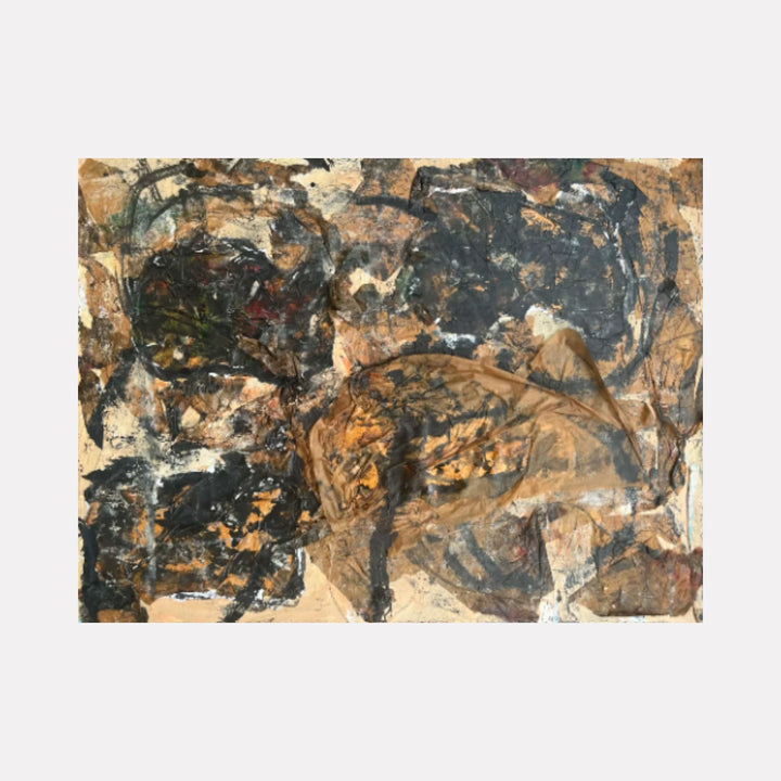 Field by Dionysia Adamopoulou is a Curina art piece featuring an abstract composition with layered earthy browns, muted blacks, and subtle textures that evoke a rugged, natural landscape with dynamic brushwork and organic forms.