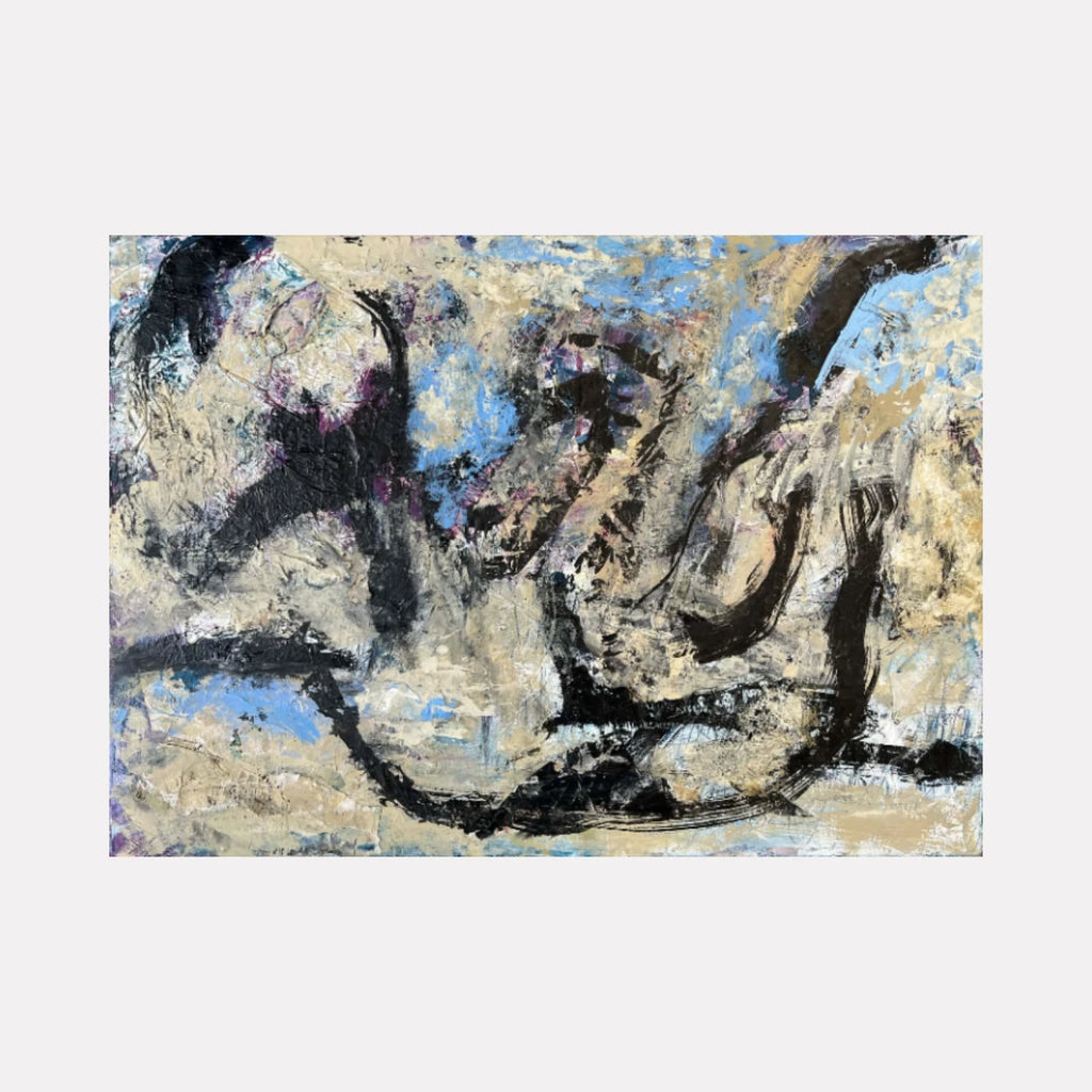 Infant by Dionysia Adamopoulou is a Curina art piece featuring abstract forms in black and muted beige tones with accents of blue and purple, evoking a dynamic and textured composition that invites contemplation.
