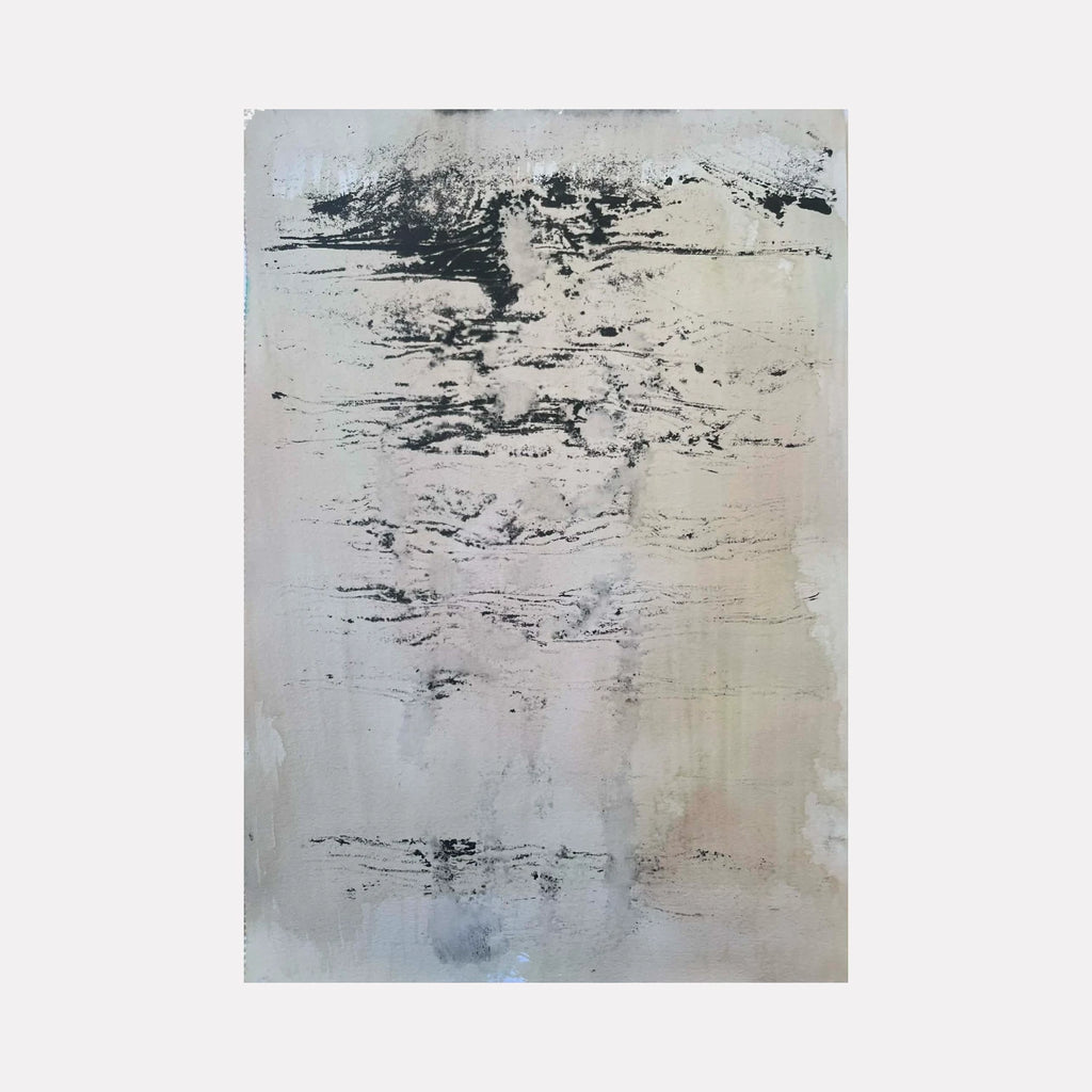 Shadow IΙ by Dionysia Adamopoulou is a Curina art piece featuring subtle gray and beige tones with textured black brushstrokes that create an abstract, contemplative composition evoking an enigmatic interplay of light and shadow.