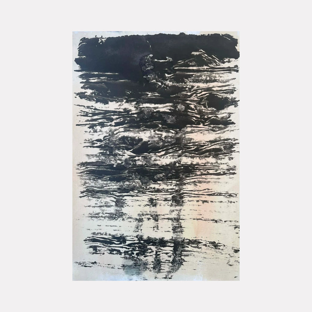 Shadow I by Dionysia Adamopoulou is a Curina art piece featuring layered black strokes and textured smudges on a pale background, creating a contemplative abstract composition that evokes depth and movement through subtle contrasts and organic forms.