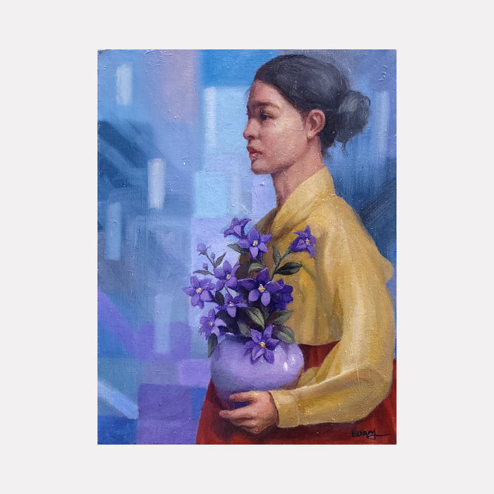 I came here with my dream by Eun Young Yun portrays a serene woman in profile wearing a yellow garment, holding a lavender vase filled with purple flowers against a soft, cool-toned abstract background, merging classic portraiture with modern artistic sensibility.