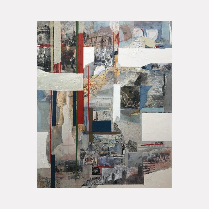 Exact Double #3 by Sinejan Kılıç Buchina is an abstract Curina art piece combining layered textures and muted tones of gray, beige, and blue with striking vertical lines in red and green, reflecting a complex interplay of architectural and organic elements.