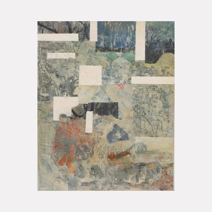 Exact Double #1 by Sinejan Kılıç Buchina is a Curina art piece blending muted blues, grays, and earth tones in a layered abstract collage with fragmented shapes and textured patterns, evoking a sense of depth and subtle complexity through soft contrasts and faded imagery.