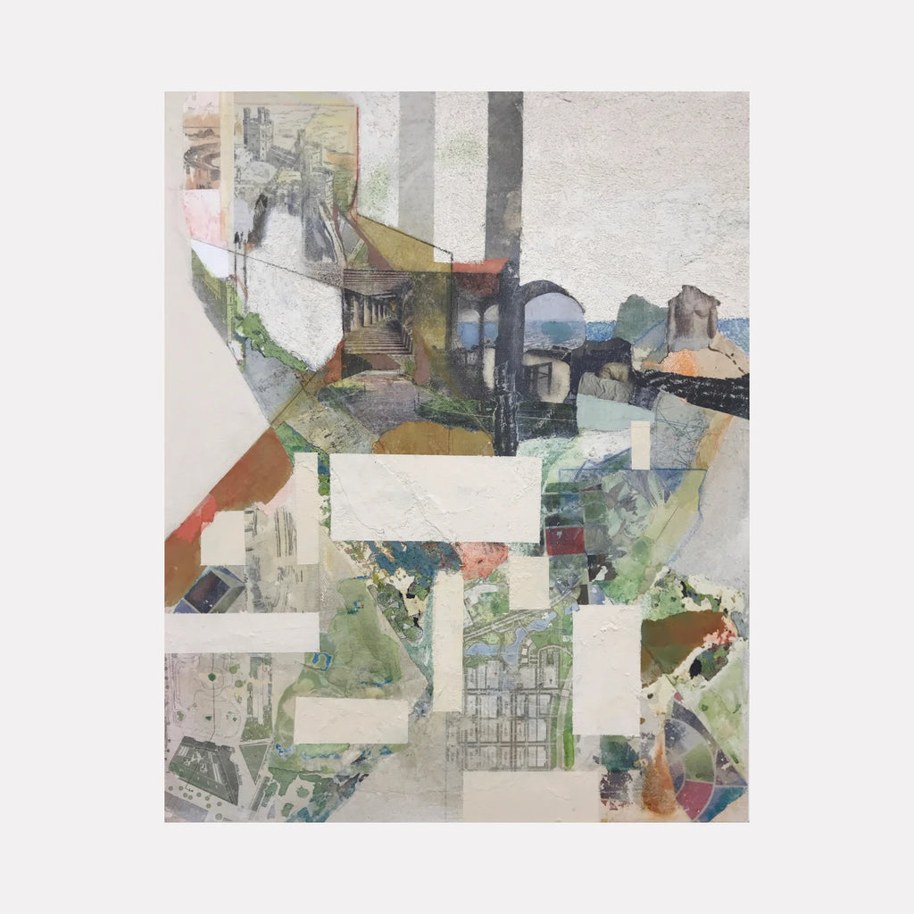 Exact Double #2 by Sinejan Kılıç Buchina is a layered abstract Curina art piece showcasing a collage of soft greens, grays, and muted earth tones, combining architectural fragments and organic textures to evoke a complex, textured landscape with subtle interplay of shapes and forms.