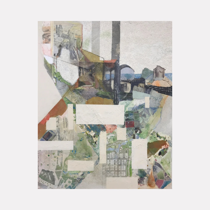 Exact Double #2 by Sinejan Kılıç Buchina is a layered abstract Curina art piece showcasing a collage of soft greens, grays, and muted earth tones, combining architectural fragments and organic textures to evoke a complex, textured landscape with subtle interplay of shapes and forms.
