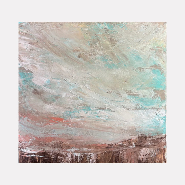 Exquisite by Tammy Kushnir is a Curina art piece featuring soft, blended brushstrokes in muted turquoise, beige, and earthy brown tones, creating an atmospheric abstract landscape with a calming, ethereal quality.