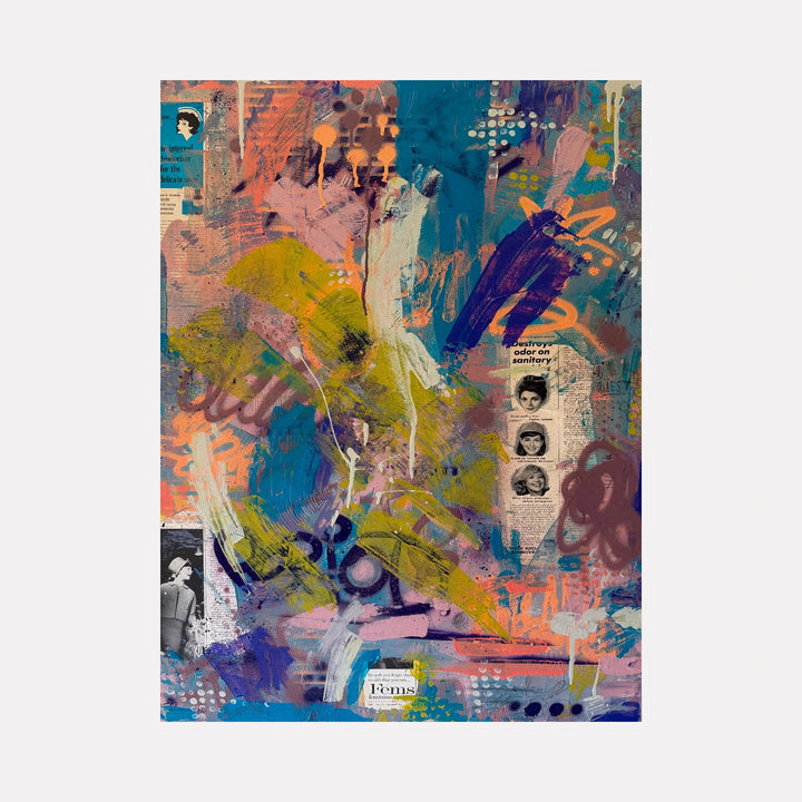 Fems by Tiff Urquhart is a Curina art piece featuring a dynamic collage of layered brushstrokes in vibrant blues, purples, and yellows, merged with vintage newspaper clippings for a textured, energetic composition that explores themes of memory and expression.