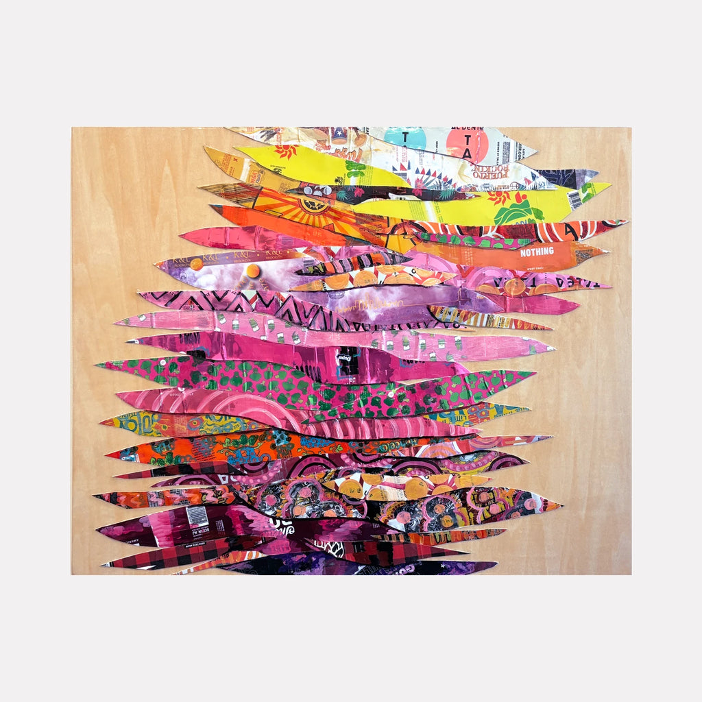 Heart Throb by Christina Massey is a Curina art piece featuring layered, jagged strips in vibrant pinks, oranges, yellows, and greens with diverse patterns and textures, creating an energetic, dynamic composition against a subtle wooden background.