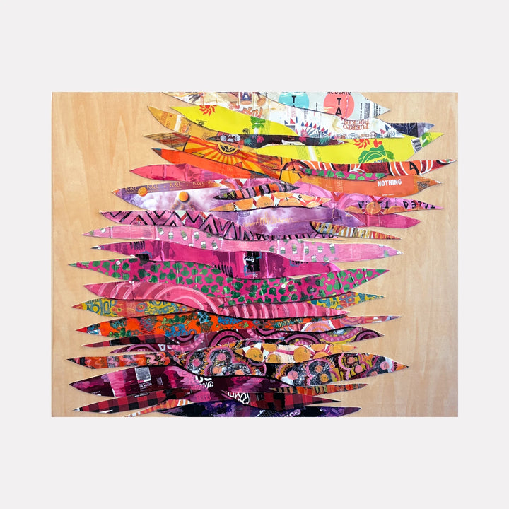 Heart Throb by Christina Massey is a Curina art piece featuring layered, jagged strips in vibrant pinks, oranges, yellows, and greens with diverse patterns and textures, creating an energetic, dynamic composition against a subtle wooden background.