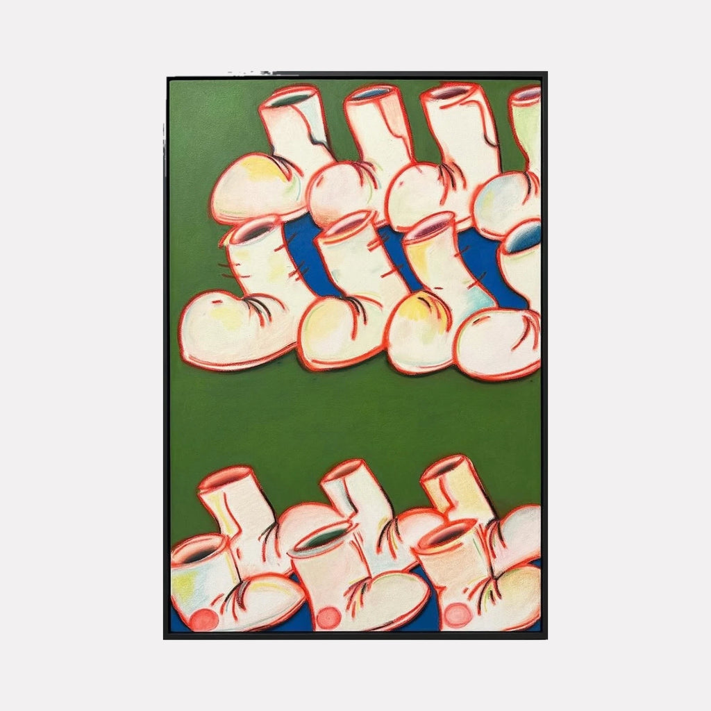 Getaway Bike by Evan Peltzman features a playful, colorful arrangement of stylized boots with exaggerated shapes set against a green background, blending bold outlines and minimalist forms to create a lively and modern abstract art piece.