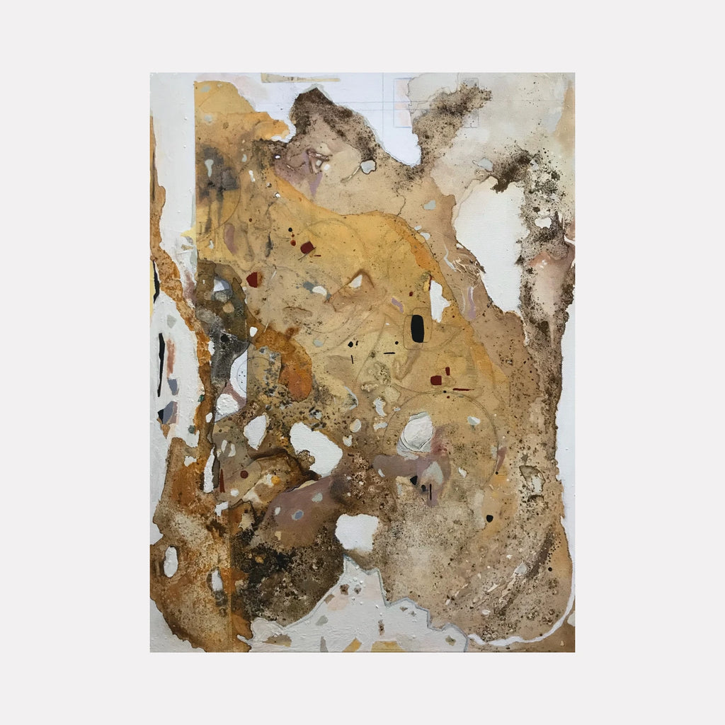 Land Through #1 by Sinejan Kılıç Buchina features an abstract composition with earthy browns, ochres, and subtle grays, blending organic textures and fluid forms in a contemplative Curina art style that evokes natural landscapes and intricate patterns.
