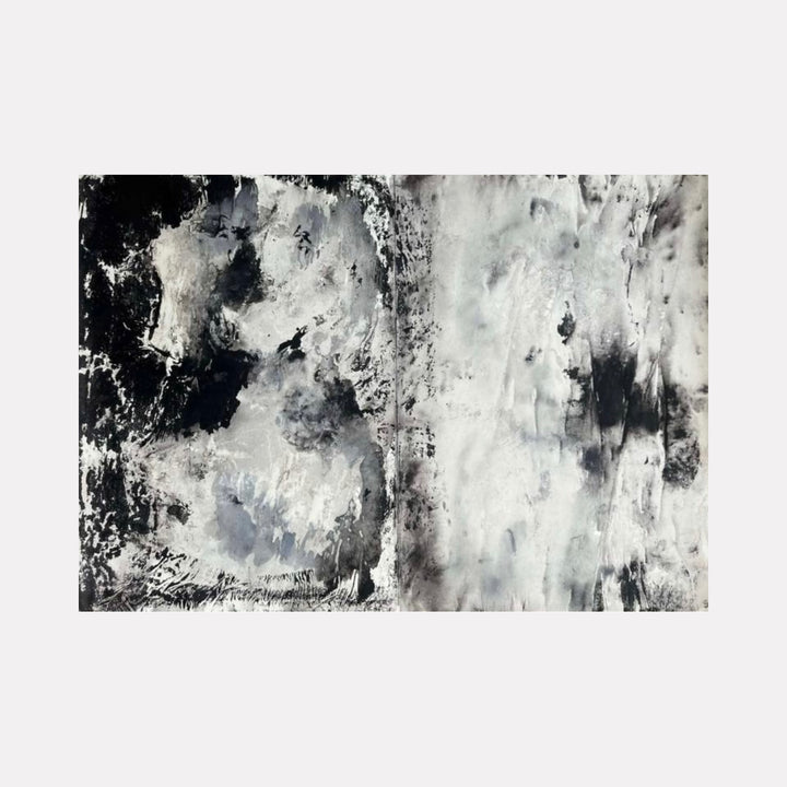 Burst by Dionysia Adamopoulou is a Curina art piece showcasing dynamic black and gray layers with textured contrasts and fluid motion, creating an abstract composition that evokes raw energy and depth through richly nuanced monochromatic forms.