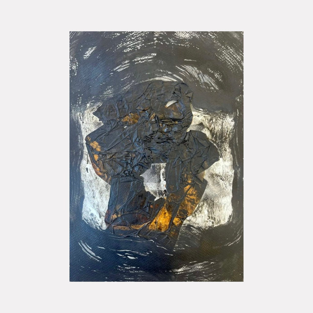 The cell by Dionysia Adamopoulou is a Curina art piece featuring layered dark textures with crumpled black forms and subtle golden highlights set against a dynamic gray background, evoking a sense of confinement and transformation through abstract contrasts and depth.