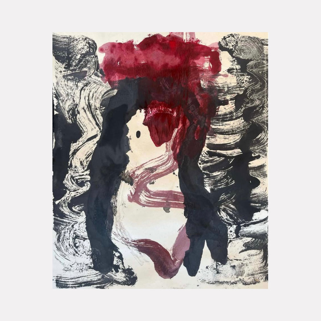 Abject I by Dionysia Adamopoulou is a Curina art piece featuring bold black and deep red brushstrokes contrasted against a pale background, evoking intense emotion through abstract, layered forms that blend raw texture and expressive movement.