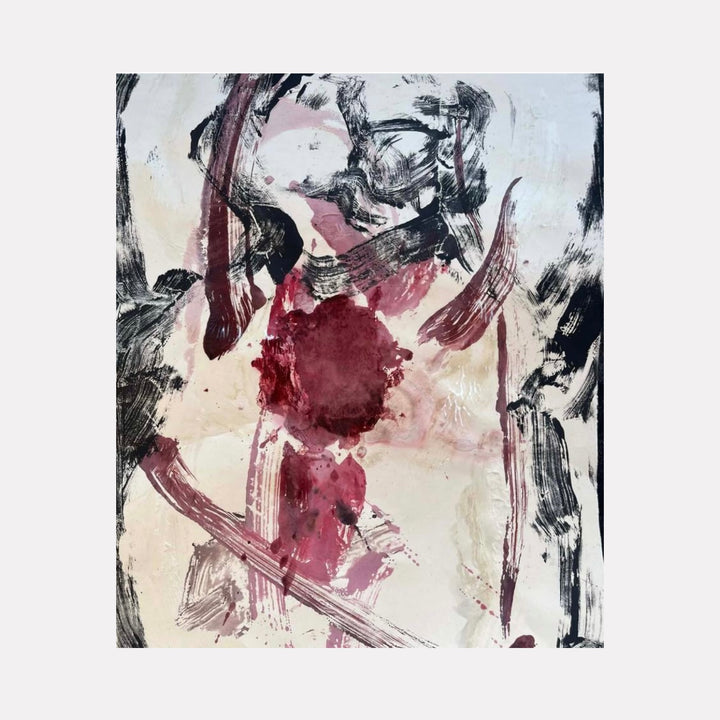 Abject II by Dionysia Adamopoulou is a Curina art piece featuring an abstract composition with expressive brushstrokes in deep reds, black, and muted pinks, layered over a pale backdrop to create a striking exploration of raw emotion and textured form.