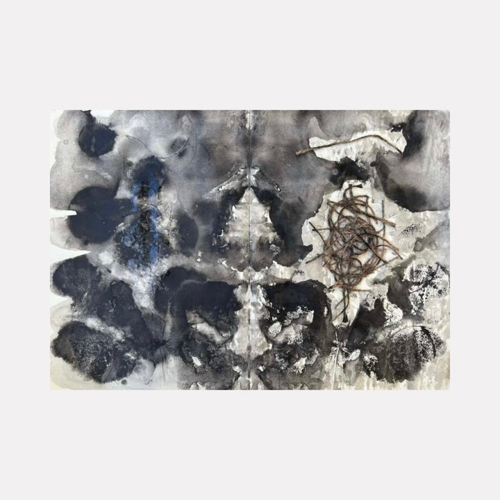 Relic by Dionysia Adamopoulou is a Curina art piece featuring an abstract composition with layered black and gray washes, textured with raw organic elements and delicate lines, evoking a mysterious and introspective atmosphere through contrasting forms and subtle depth.