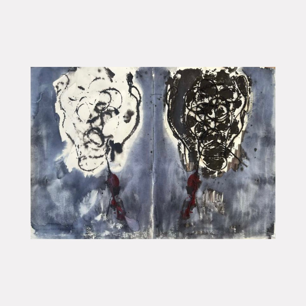 Womb by Dionysia Adamopoulou is a Curina art piece featuring abstract forms in black and white against a muted blue-gray background, with fluid, layered textures and intricate swirling lines that evoke depth and a contemplative atmosphere.