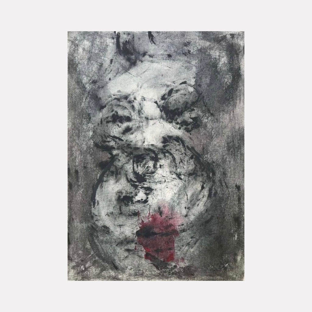 Compression by Dionysia Adamopoulou is a Curina art piece presenting a layered abstract figure in muted black, gray, and white tones with textured brushwork, contrasted by a subtle splash of warm red, evoking tension and depth through expressive shapes and shadows.