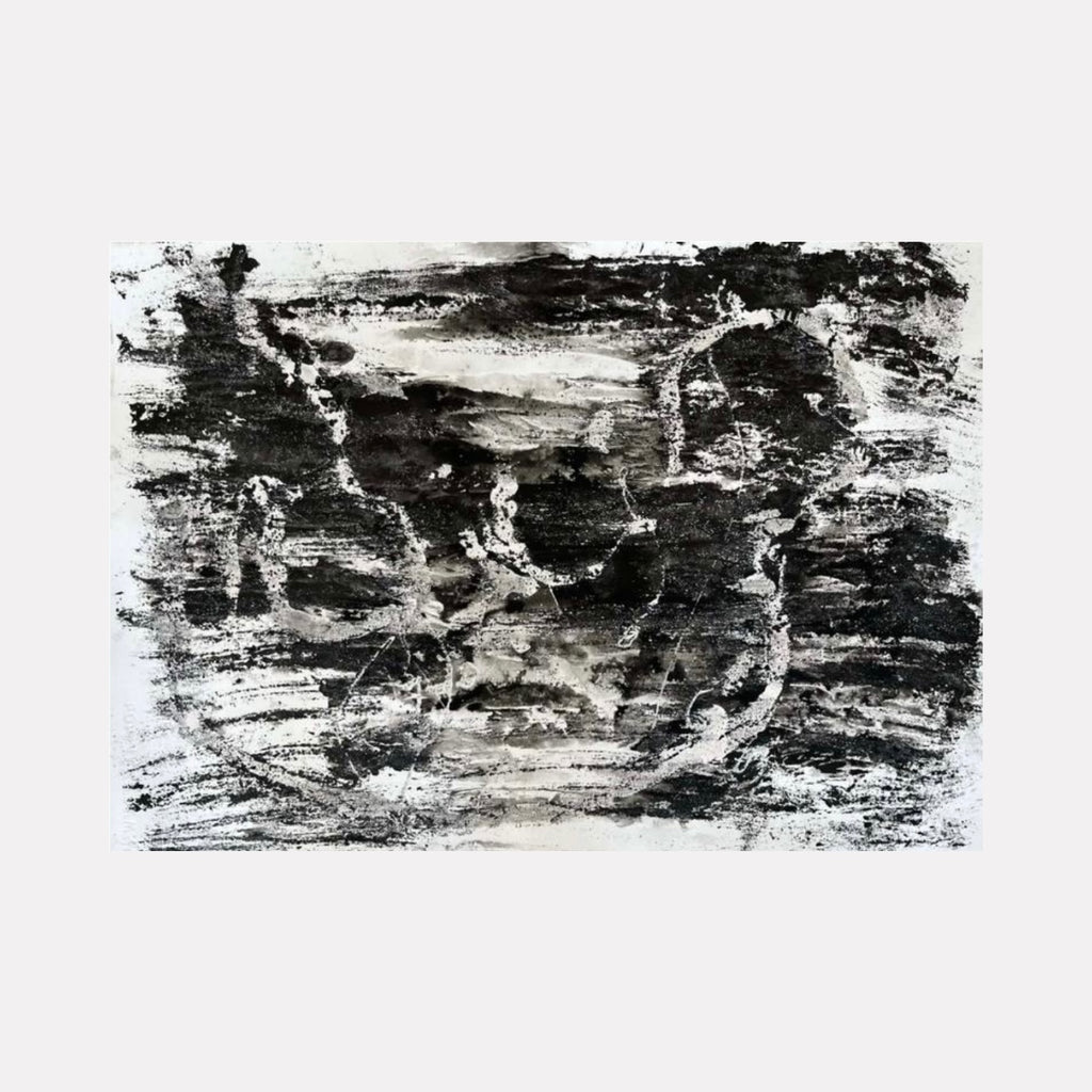 Ghost II by Dionysia Adamopoulou is a Curina art piece featuring layered black and white textures with subtle organic shapes, evoking an ethereal, ghostly presence through abstract, shadowy forms and dynamic contrast that blends movement and mystery.