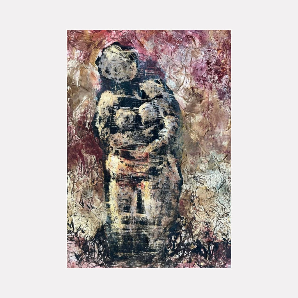 Empty Holding by Dionysia Adamopoulou is a Curina art piece depicting two abstract human figures embracing against a textured background of earthy tones and muted reds, blending layered brushstrokes and organic patterns to evoke intimacy and connection.