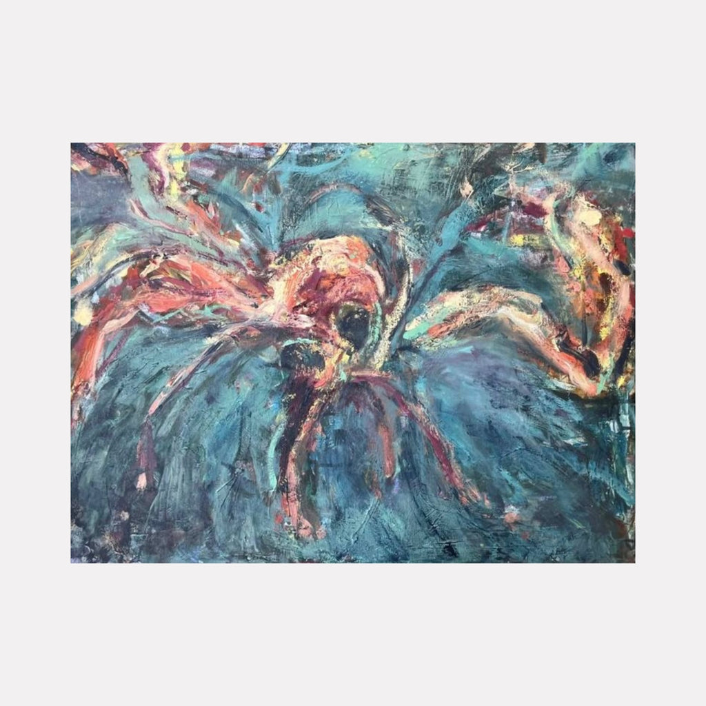 Creature by Dionysia Adamopoulou is an expressive Curina art piece with dynamic brushstrokes in muted blues and fiery oranges, depicting an abstract organic form that evokes raw movement and emotion through bold texture and fluid, intertwining shapes.