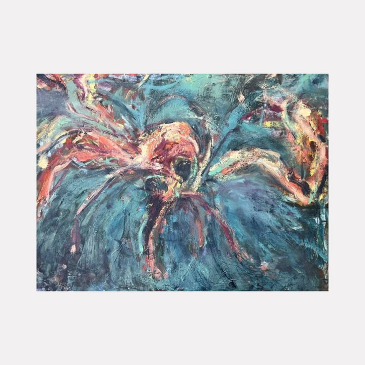 Creature by Dionysia Adamopoulou is an expressive Curina art piece with dynamic brushstrokes in muted blues and fiery oranges, depicting an abstract organic form that evokes raw movement and emotion through bold texture and fluid, intertwining shapes.