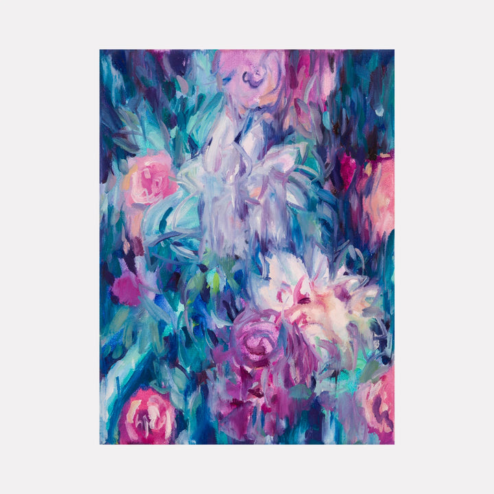 Excuse Me While I Kiss the Sky by Ketta Ioannidou features an impressionistic floral composition with soft pastel pinks, purples, and blues, blending delicate petals and foliage in a dreamy, expressive art style that adds a serene, poetic touch to any space.