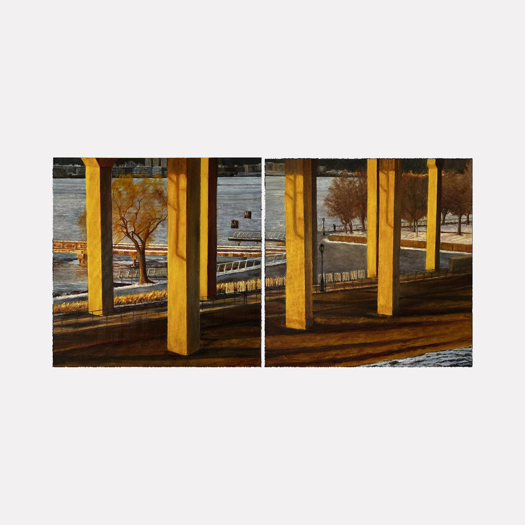 Winter Sunset, Riverside Park South (Diptych) by Jessica Ziegler is a Curina art piece capturing warm golden light casting long shadows under a riverside structure, blending detailed architectural forms with natural elements in a serene, contemplative winter landscape.