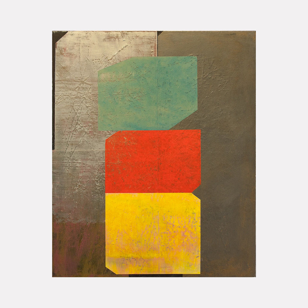 History of Art in Dyssynchronous Order: fig. a by Ken Schiano is a Curina art piece featuring three stacked, irregular geometric blocks in muted teal, vibrant red, and textured yellow tones against a textured, earthy background, evoking a subtle, abstract layered composition.