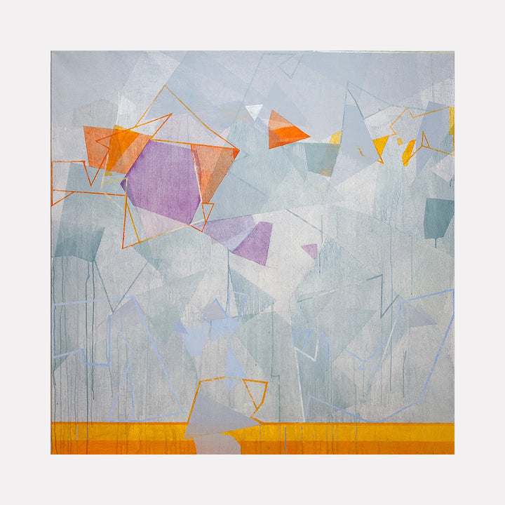 Serac II by Ken Schiano is a Curina art piece featuring geometric shapes and translucent layers in soft blues, grays, and vibrant orange and purple accents, creating a textured abstract composition that evokes a sense of depth and dynamic interplay of forms.