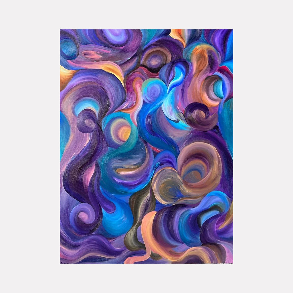 Introspection by Kim Rosebud reveals a swirling abstract composition of rich purples, blues, and warm earth tones, blending fluid shapes and layered textures that evoke introspective depth and motion in a captivating contemporary art style.