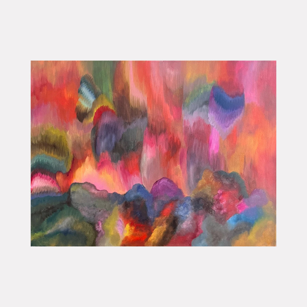 Taking Chances by Kim Rosebud showcases a vivid abstract scene with cascading brushstrokes and layered hues of red, orange, purple, and blue, blending organic forms and dynamic color transitions that invite viewers into a vibrant contemporary art experience.