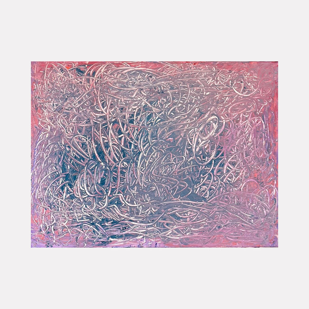 Textured Feelings by Kim Rosebud is an abstract art piece featuring intricate, intertwined lines and shapes in muted pinks, purples, and silvery tones, creating a layered, dynamic composition that invites close inspection and evokes complex emotional depth.