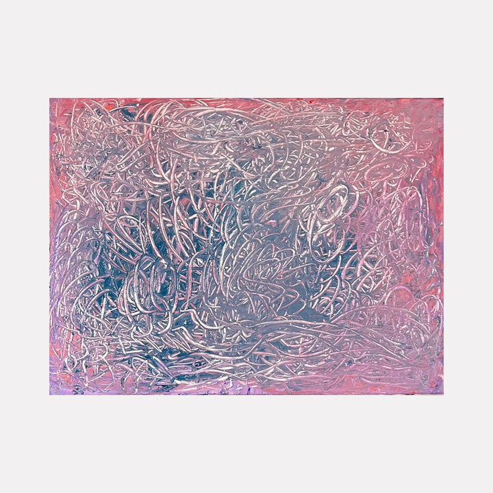 Textured Feelings by Kim Rosebud is an abstract art piece featuring intricate, intertwined lines and shapes in muted pinks, purples, and silvery tones, creating a layered, dynamic composition that invites close inspection and evokes complex emotional depth.