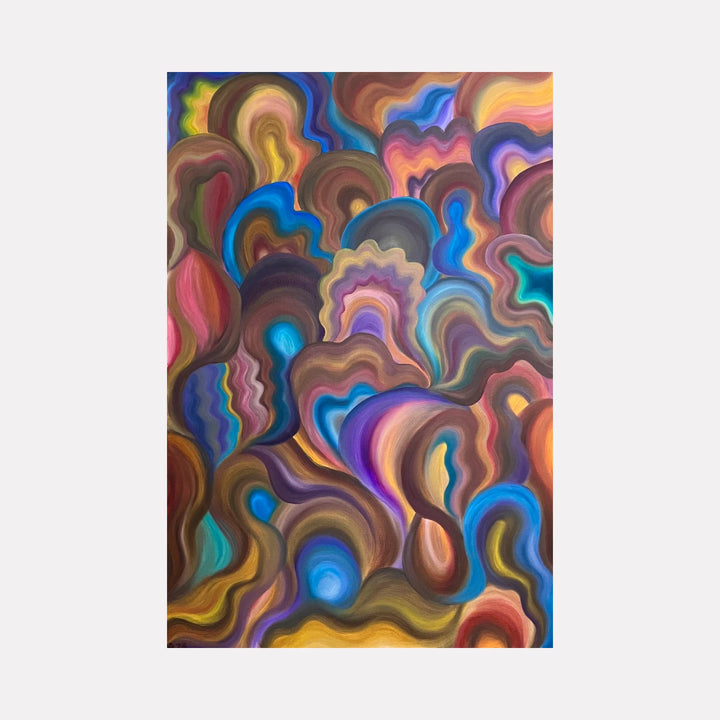 The Collective by Kim Rosebud features a vibrant abstract composition of fluid, layered shapes in rich earth tones and bold blues, creating a dynamic interplay of color and form that evokes depth and movement in a contemporary art style.