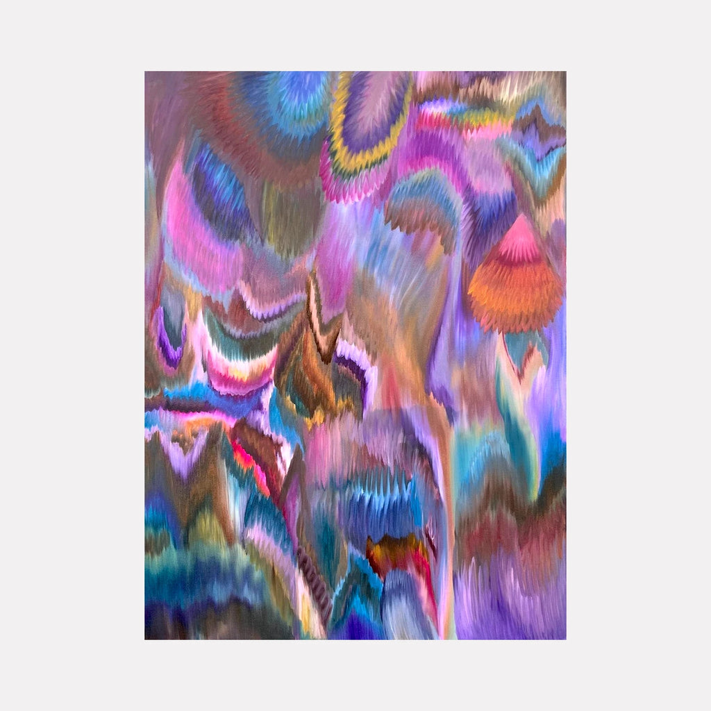 The Unraveling by Kim Rosebud is an abstract art piece featuring vibrant, flowing shapes in purples, blues, pinks, and earth tones, blending soft gradients and dynamic textures to create a captivating, ethereal composition with a rich, immersive depth.