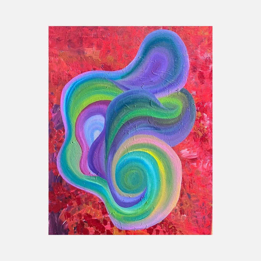 The Womb by Kim Rosebud is a vibrant abstract art piece featuring swirling, layered forms in blues, greens, purples, and yellows against a richly textured red background, creating a dynamic and organic composition full of movement and emotional resonance.