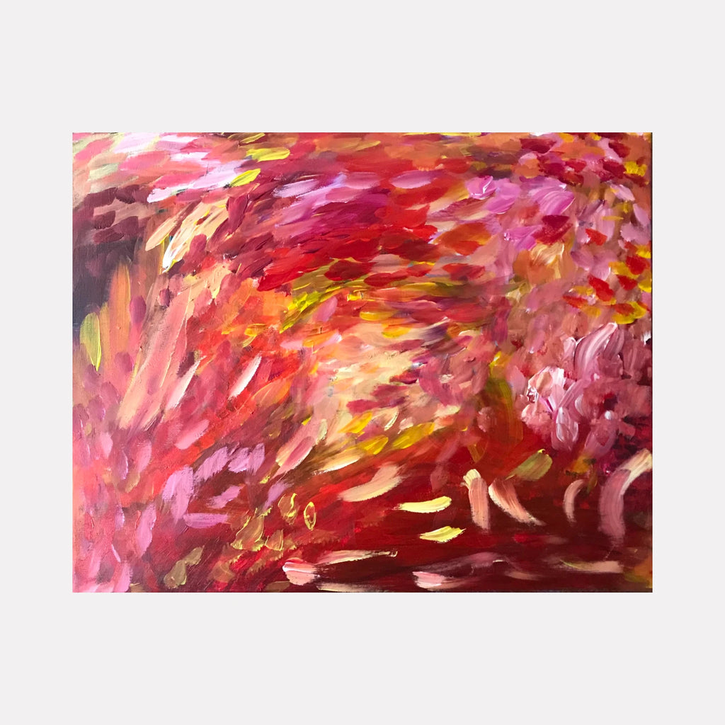 There is a Light by Kim Rosebud captures a radiant abstract scene with bold brushstrokes in vivid reds, pinks, and warm golds, conveying a sense of glowing energy and warmth that enhances contemporary art collections with expressive, dynamic movement.