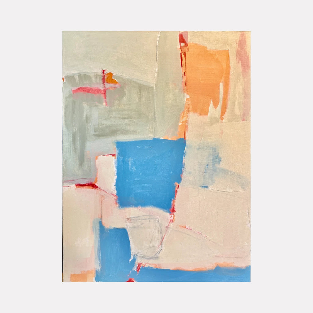 Reflections by Leslie Thornton is a Curina art piece presenting an abstract interplay of soft beige, muted gray, and vibrant blue and orange shapes, accented with subtle red strokes, creating a serene yet dynamic composition with layered textures and balanced negative space.