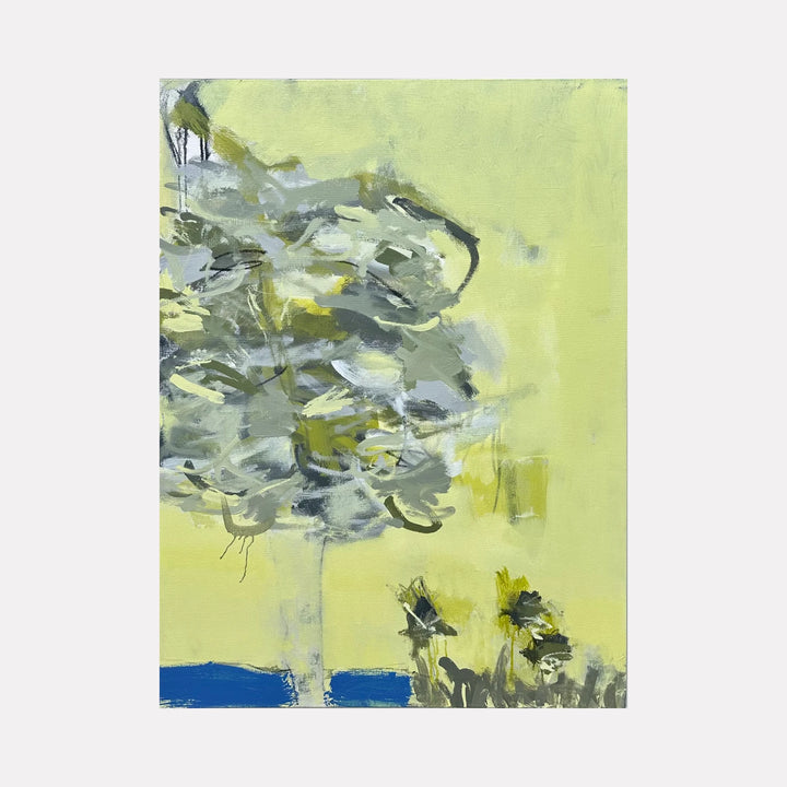Blowin' in the Wind by Leslie Thornton is a Curina art piece featuring an abstract tree with swirling gray and green brushstrokes against a soft yellow background, grounded by dark blue and muted earthy tones, evoking a gentle, contemplative natural scene.