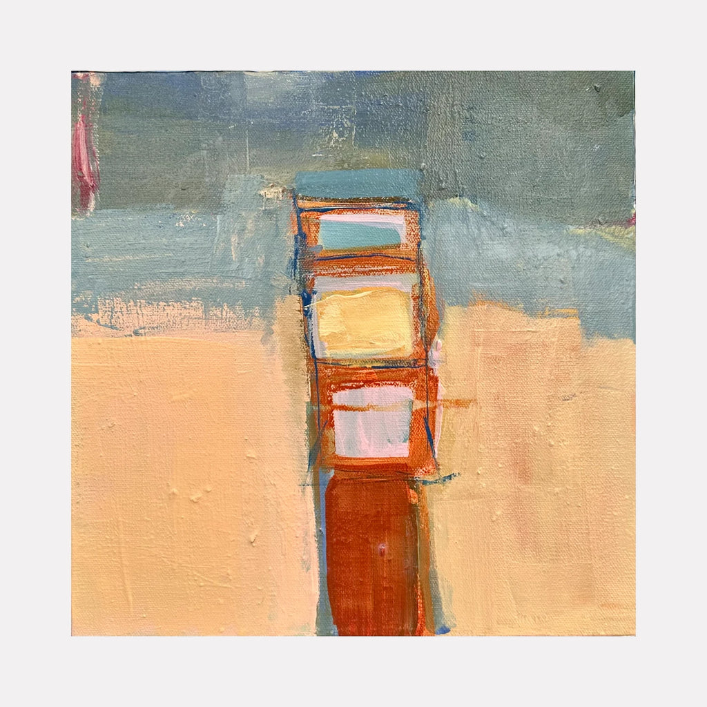 Tiny Tower of Maybe by Leslie Thornton is a Curina art piece combining earthy tones of beige, rust, and muted blue in an abstract vertical formation, evoking a contemplative architectural feel with textured brushstrokes and harmonious color layering.