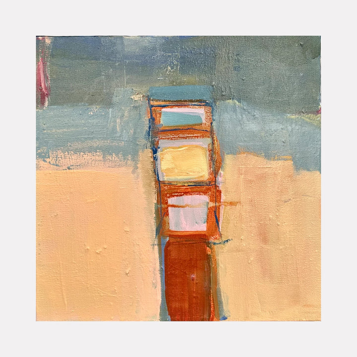 Tiny Tower of Maybe by Leslie Thornton is a Curina art piece combining earthy tones of beige, rust, and muted blue in an abstract vertical formation, evoking a contemplative architectural feel with textured brushstrokes and harmonious color layering.