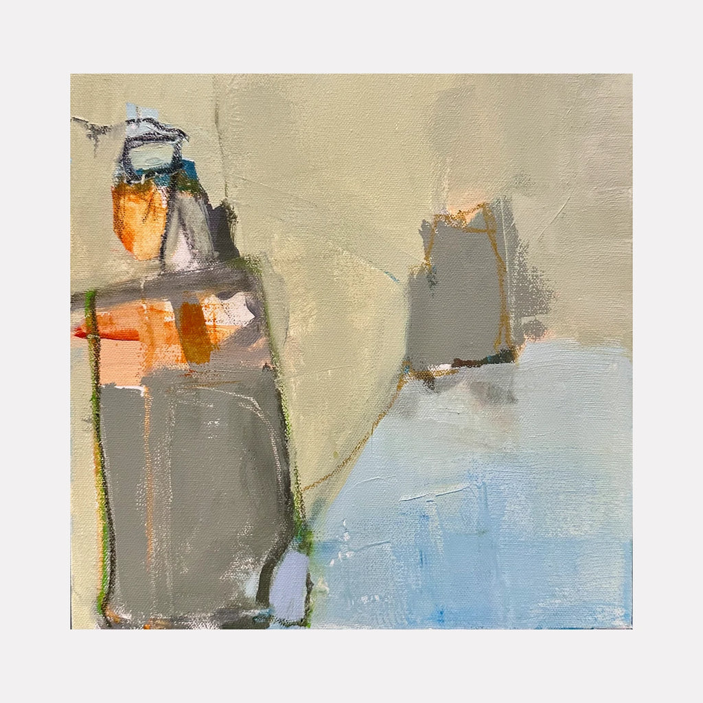 Second Light by Leslie Thornton is a Curina art piece featuring an abstract composition with muted beige, soft gray, warm orange, and pale blue tones, blending textured brushstrokes to evoke a subtle, atmospheric sense of quiet reflection and gentle light.