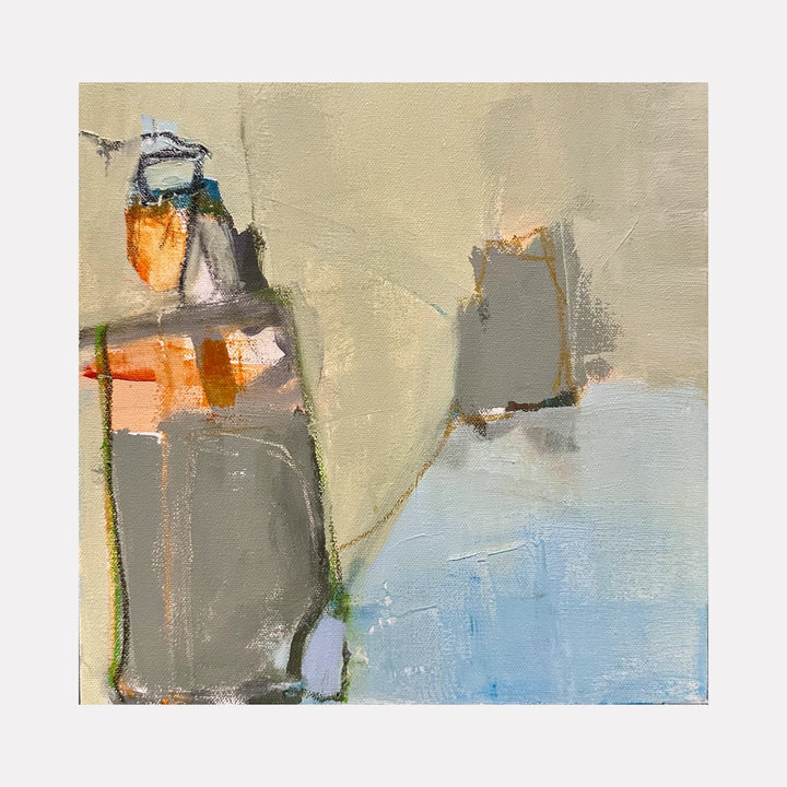 Second Light by Leslie Thornton is a Curina art piece featuring an abstract composition with muted beige, soft gray, warm orange, and pale blue tones, blending textured brushstrokes to evoke a subtle, atmospheric sense of quiet reflection and gentle light.